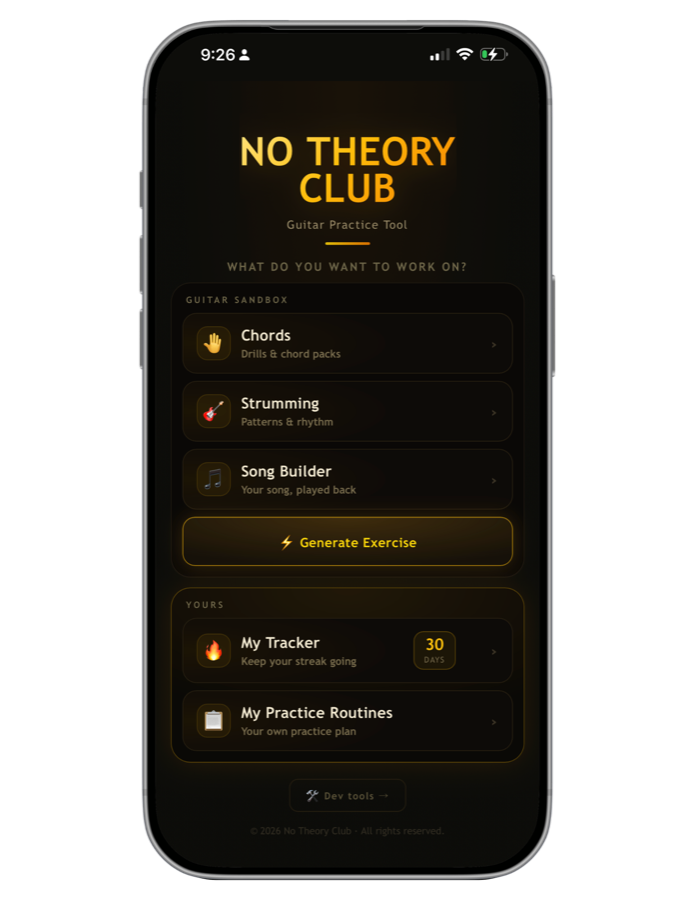 The practice app home screen on a phone