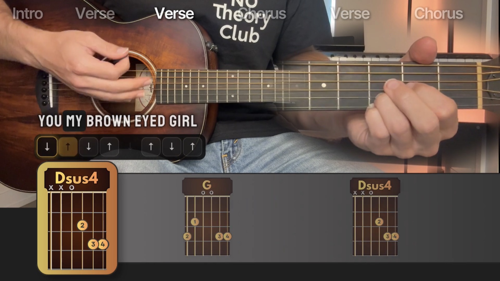 A playthrough: chords, lyrics and strumming pattern on screen over the video